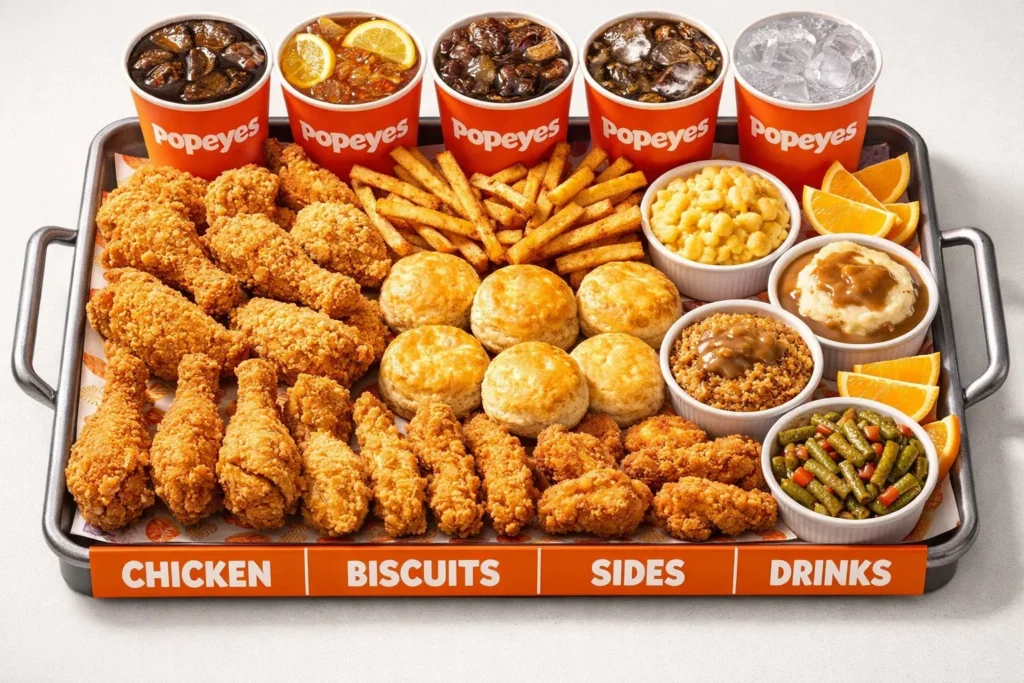 A variety of Popeyes food items